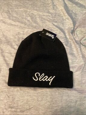 Spencer's Unisex OSFM Black White Knit Beanie Stocking ‘Slay’ Hat NWT